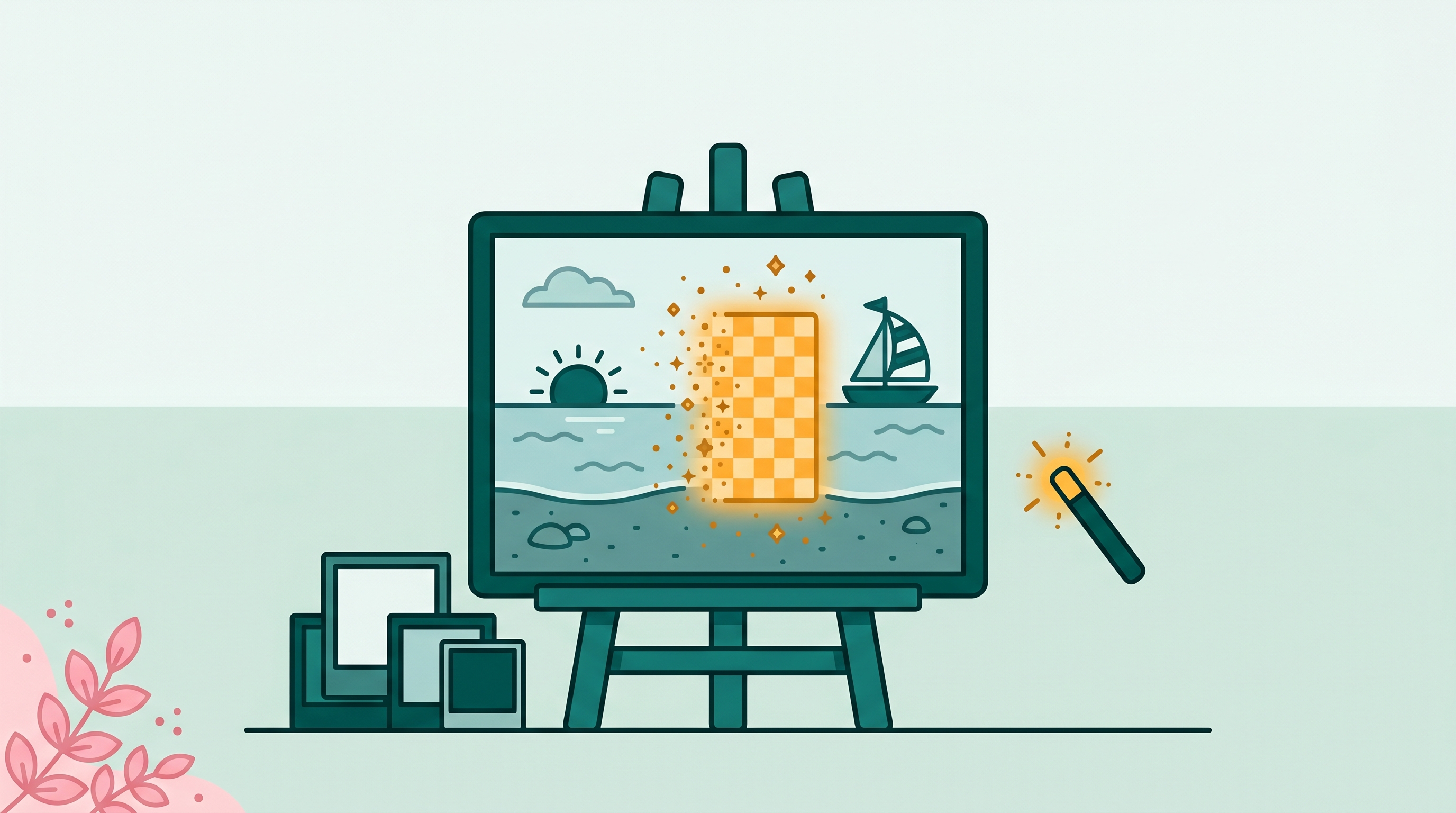 A beach photo with a missing region being filled in by AI sparkle dots, illustrating AI inpainting