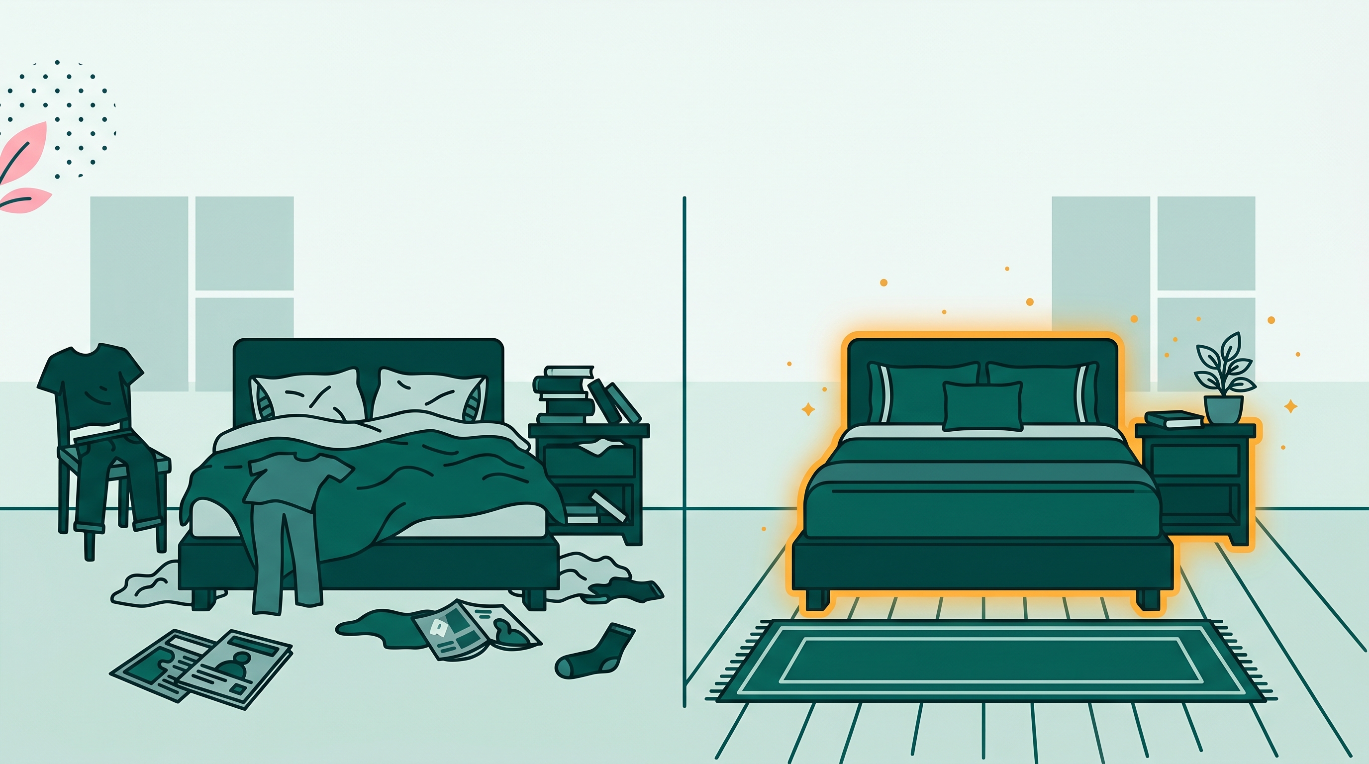 Bedroom split between cluttered and tidied states, illustrating clutter removal for an Airbnb listing