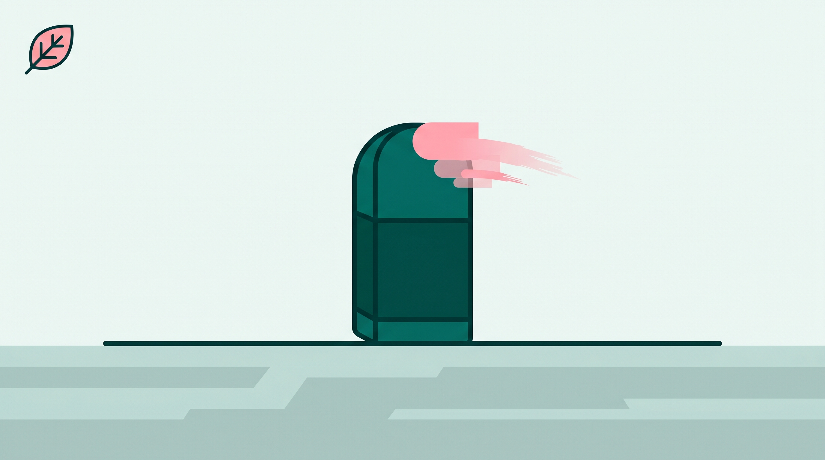 A single deep teal eraser standing upright on a pale teal background with a soft pink smudge fading at its tip.