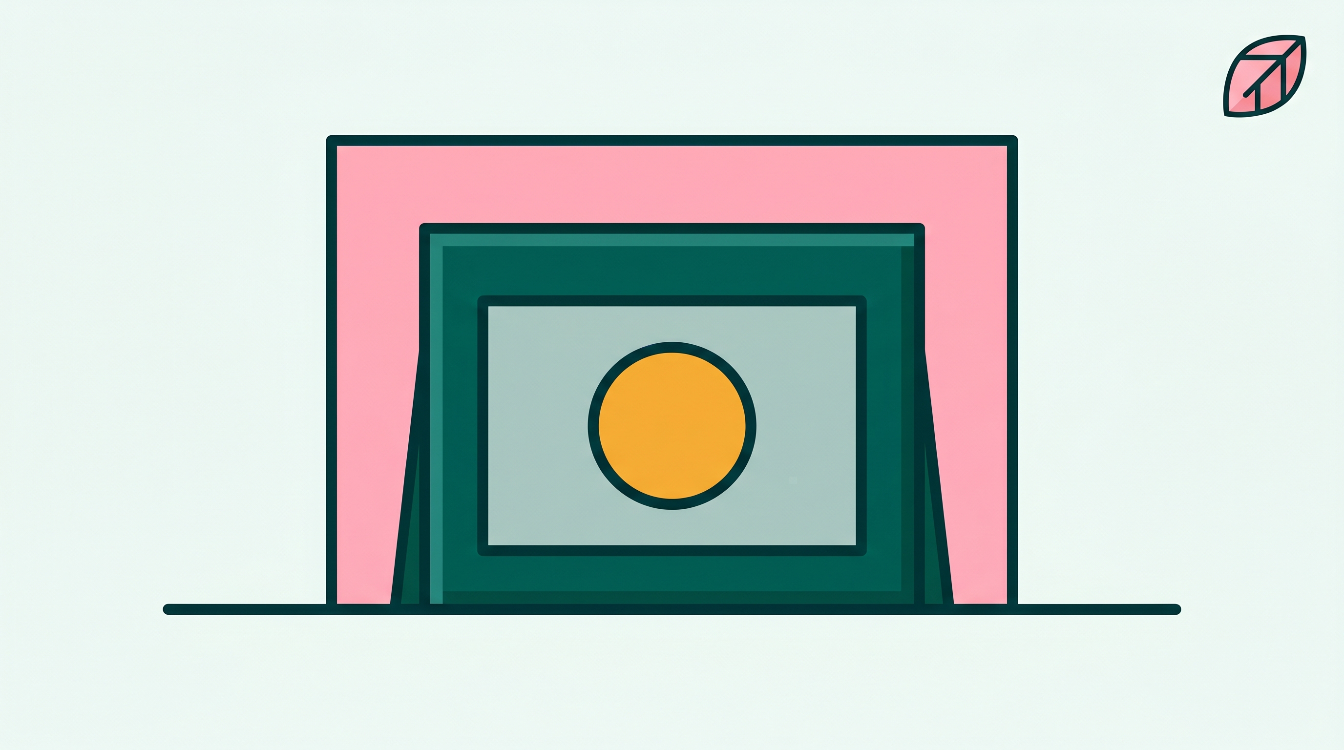 A deep teal photo frame with a single warm amber circle at its center on a soft pink background.