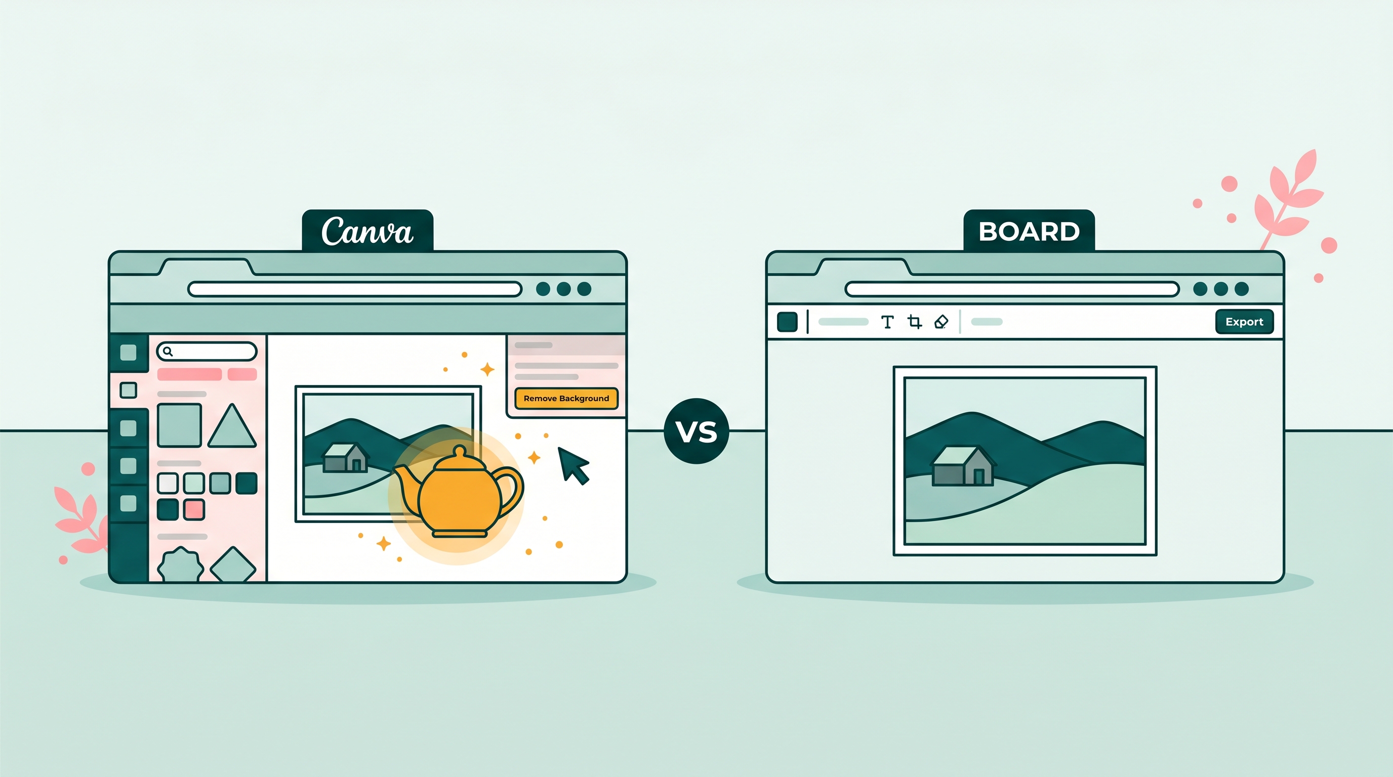 Two windows side by side: Canva's magic eraser vs BOARD's AI object remover