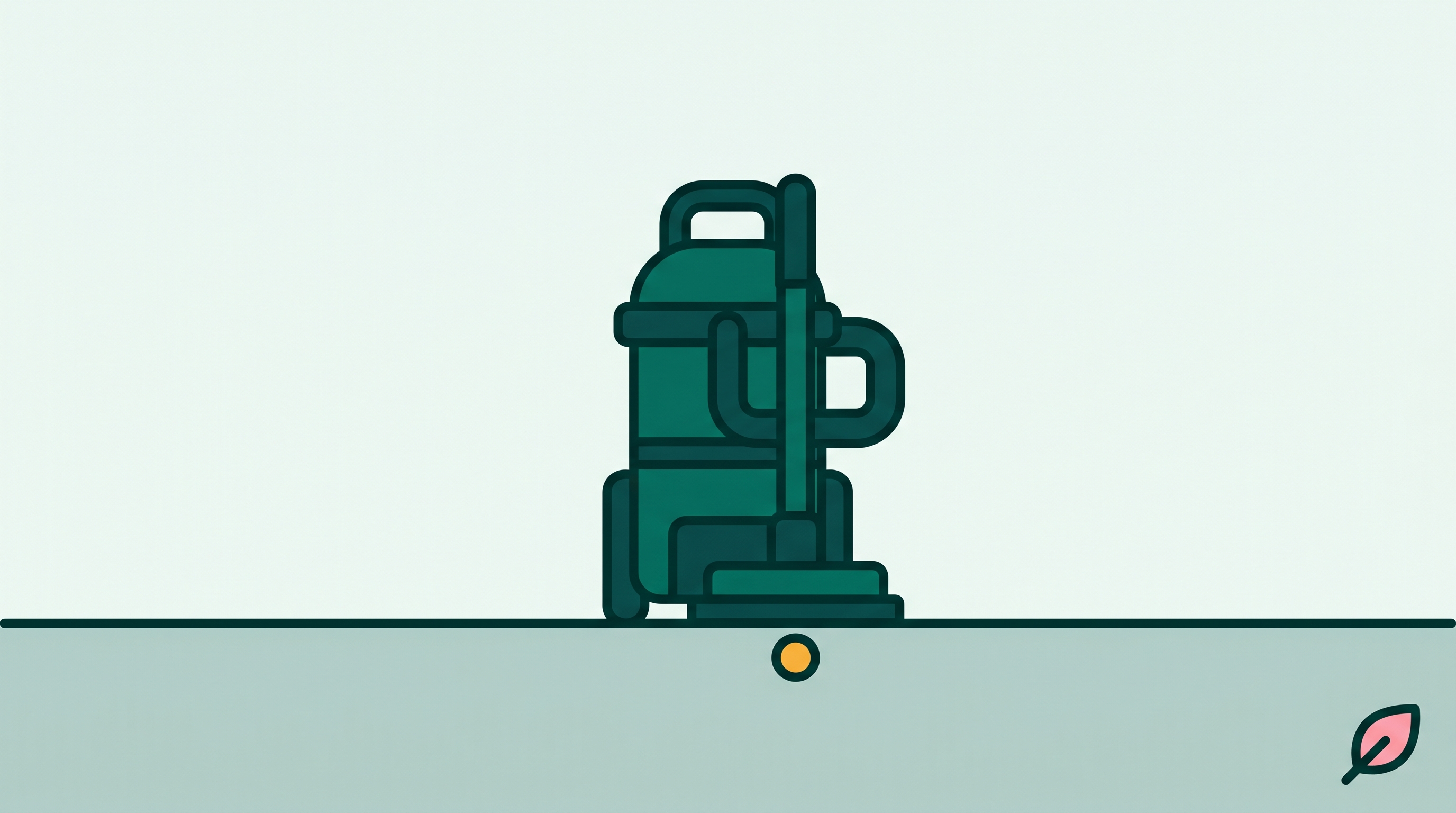 A single deep teal vacuum cleaner at the center of a pale teal background with one small amber dust speck near its nozzle.