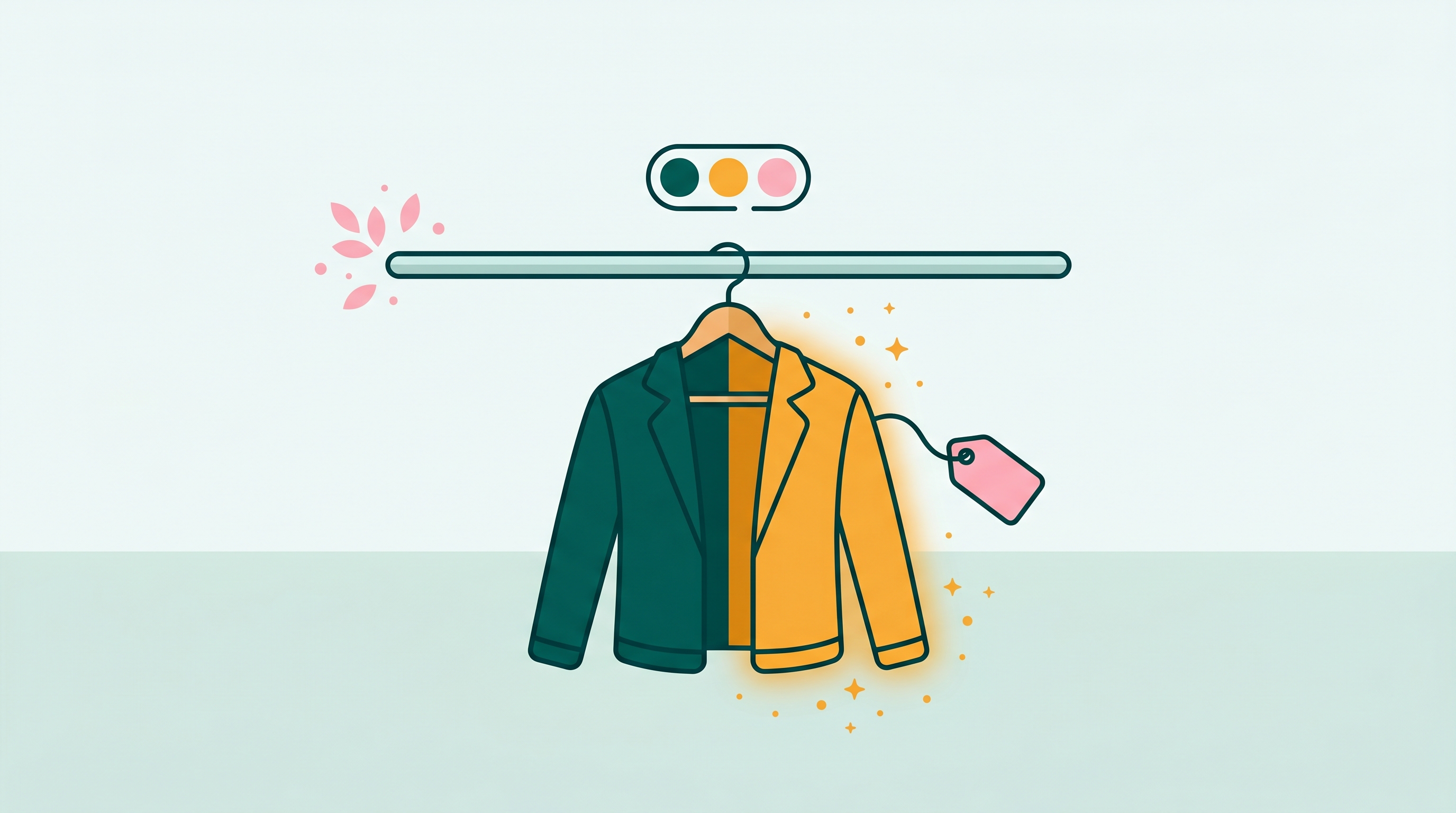 Jacket on a hanger split between two colors with a soft pink price tag, illustrating clothing color change for marketplace listings