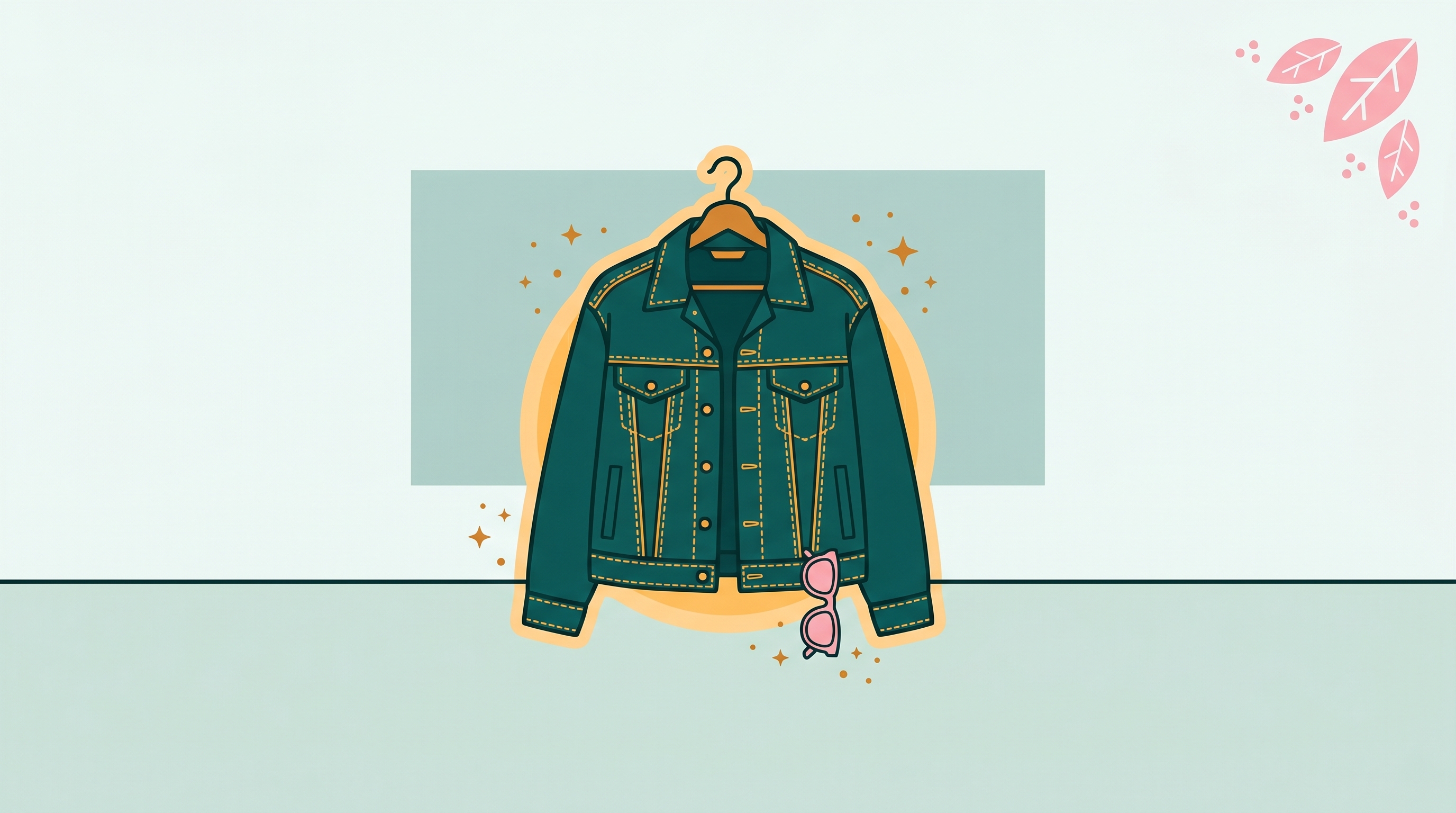 Vintage denim jacket on a wooden hanger with sunglasses accessory, styled for a Depop listing