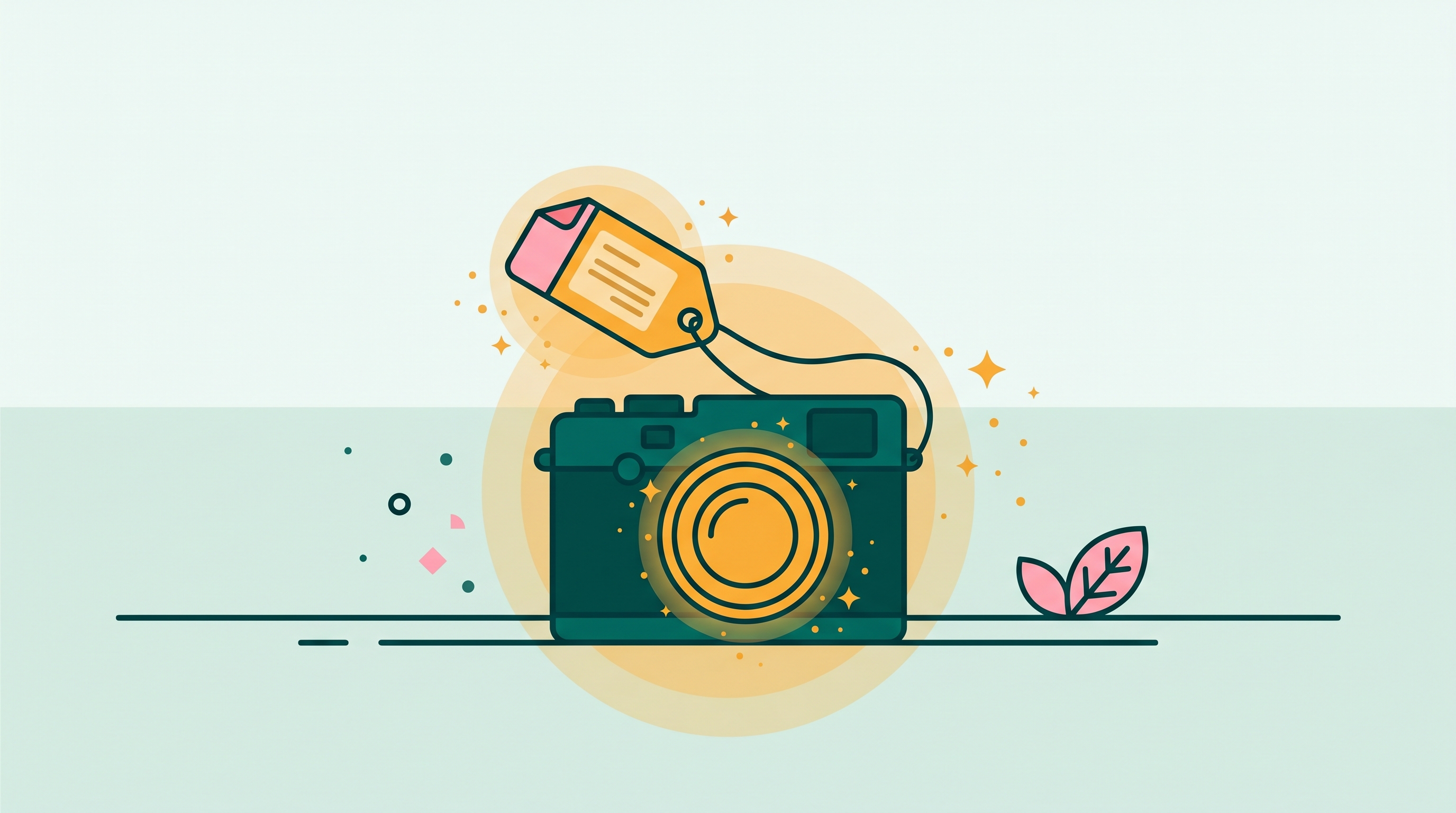 Vintage film camera with a floating amber price tag, styled for an eBay listing