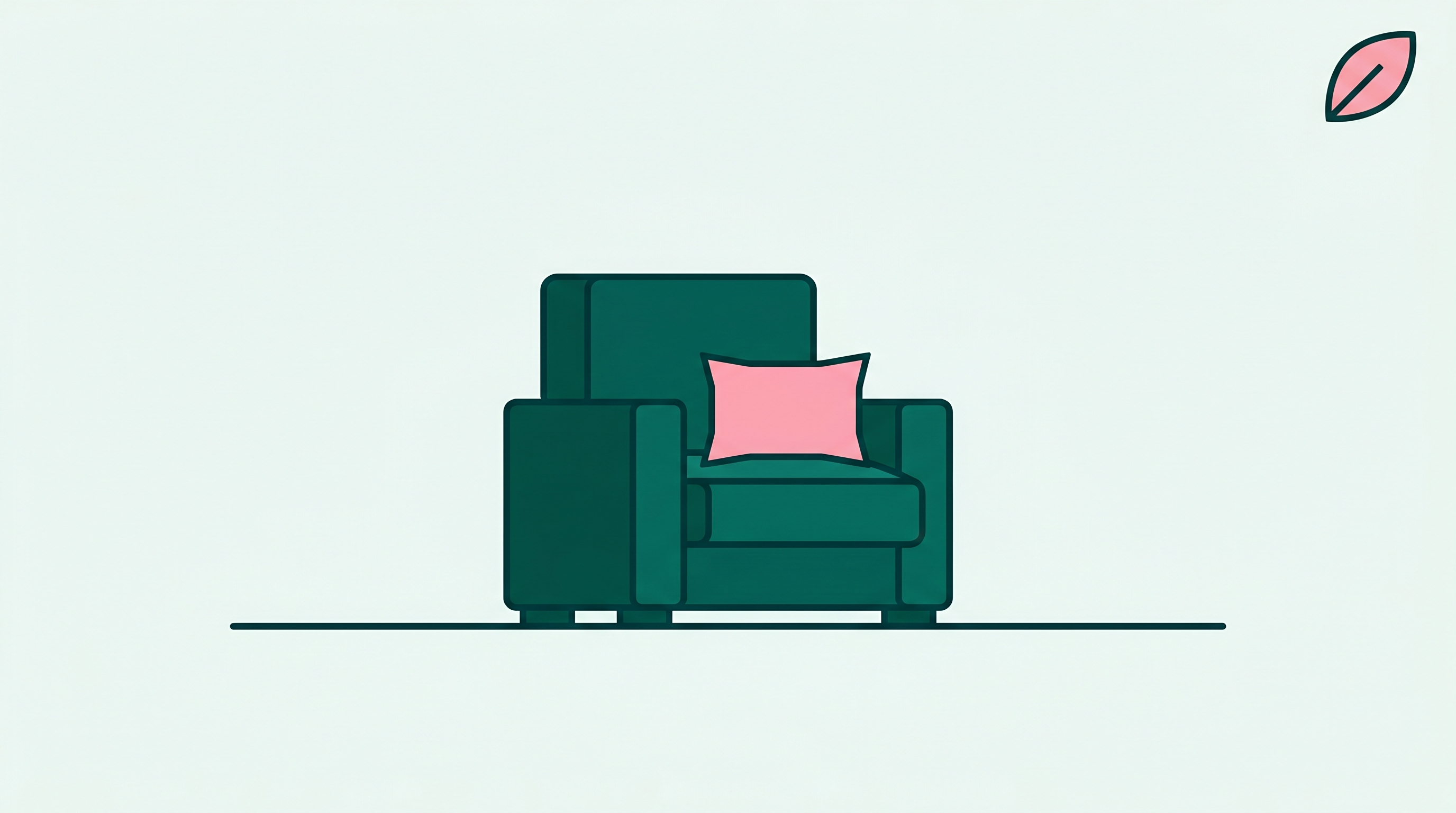 A deep teal armchair with a single soft pink pillow, centered on a pale teal background.