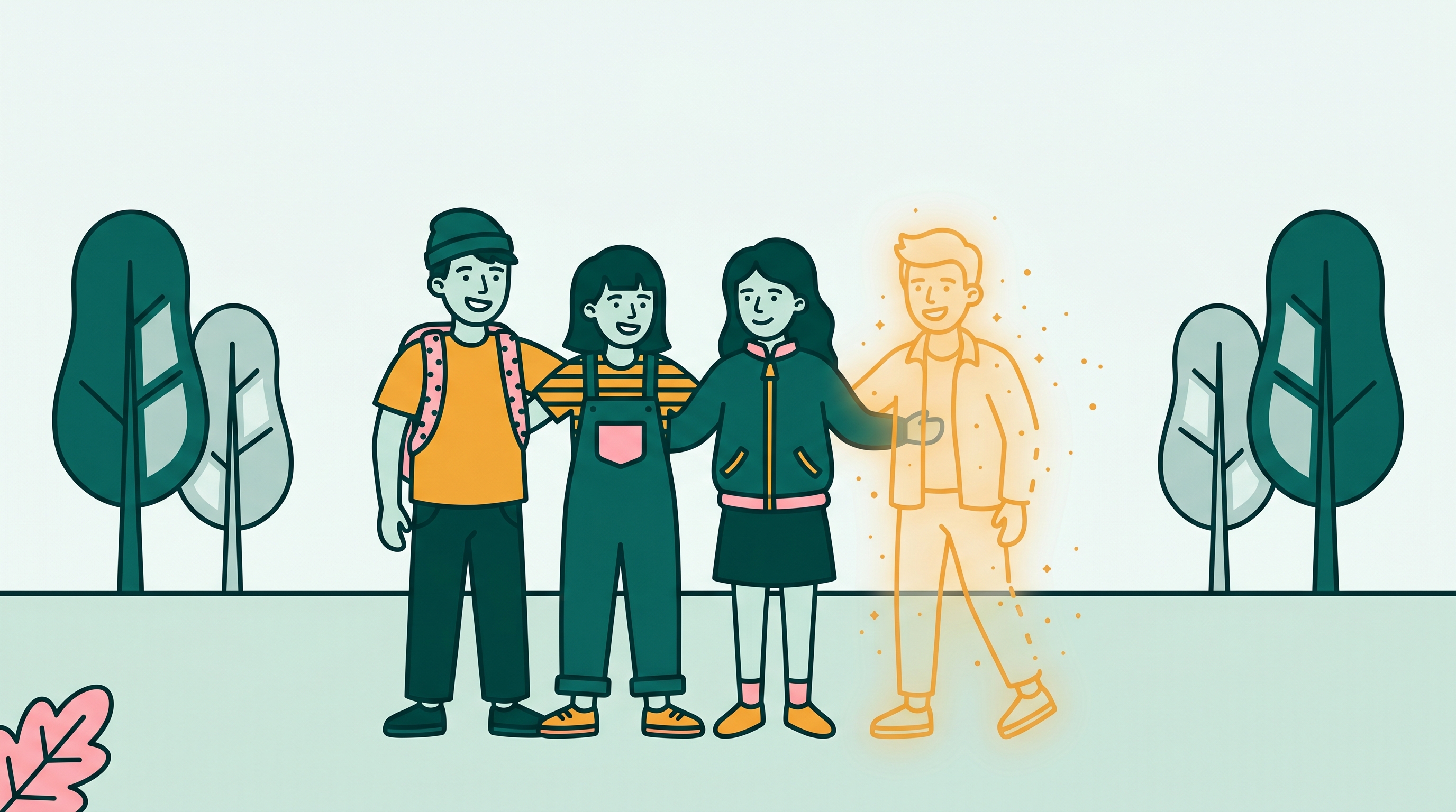Group of four friends with the rightmost person fading away with sparkle dots, illustrating AI removal from a group photo