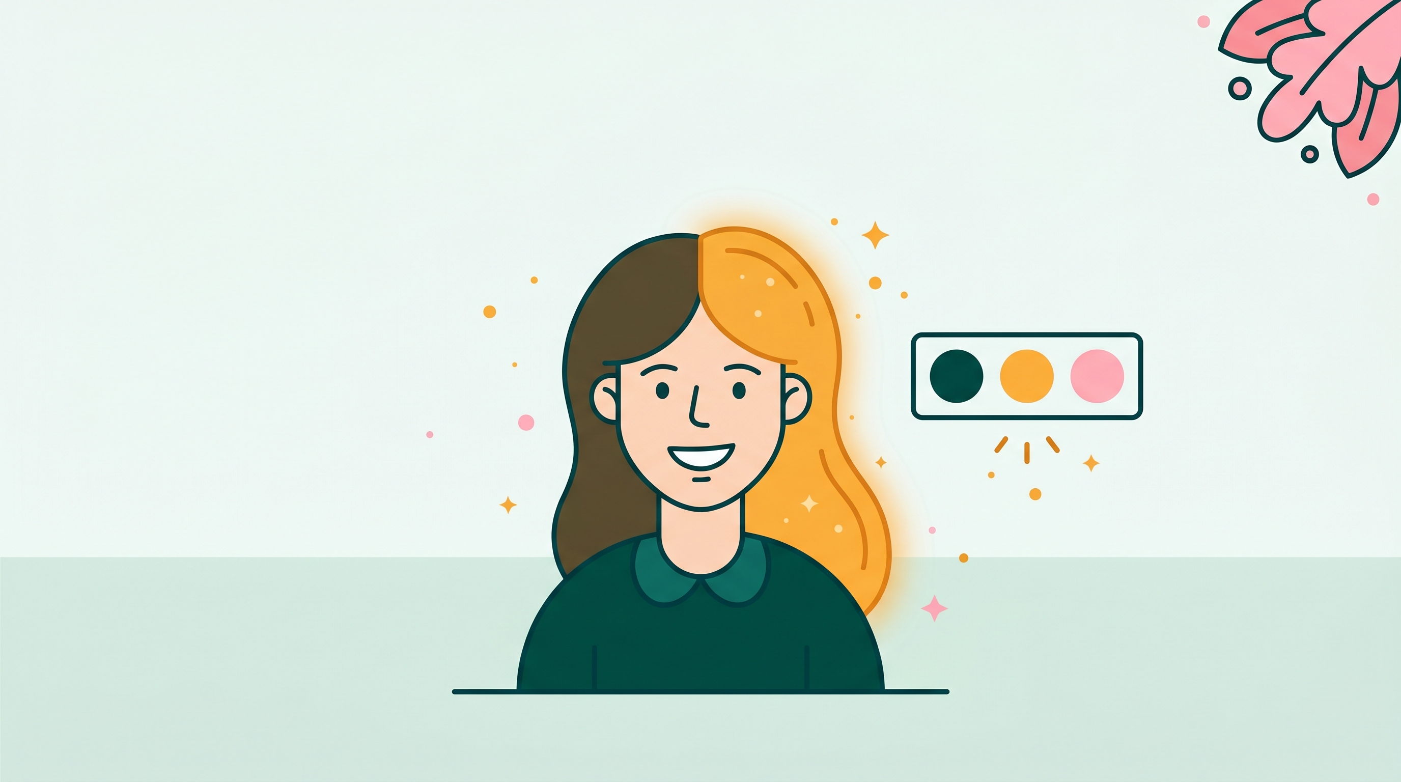 Portrait with hair split between two colors and a floating color palette, illustrating AI hair color change