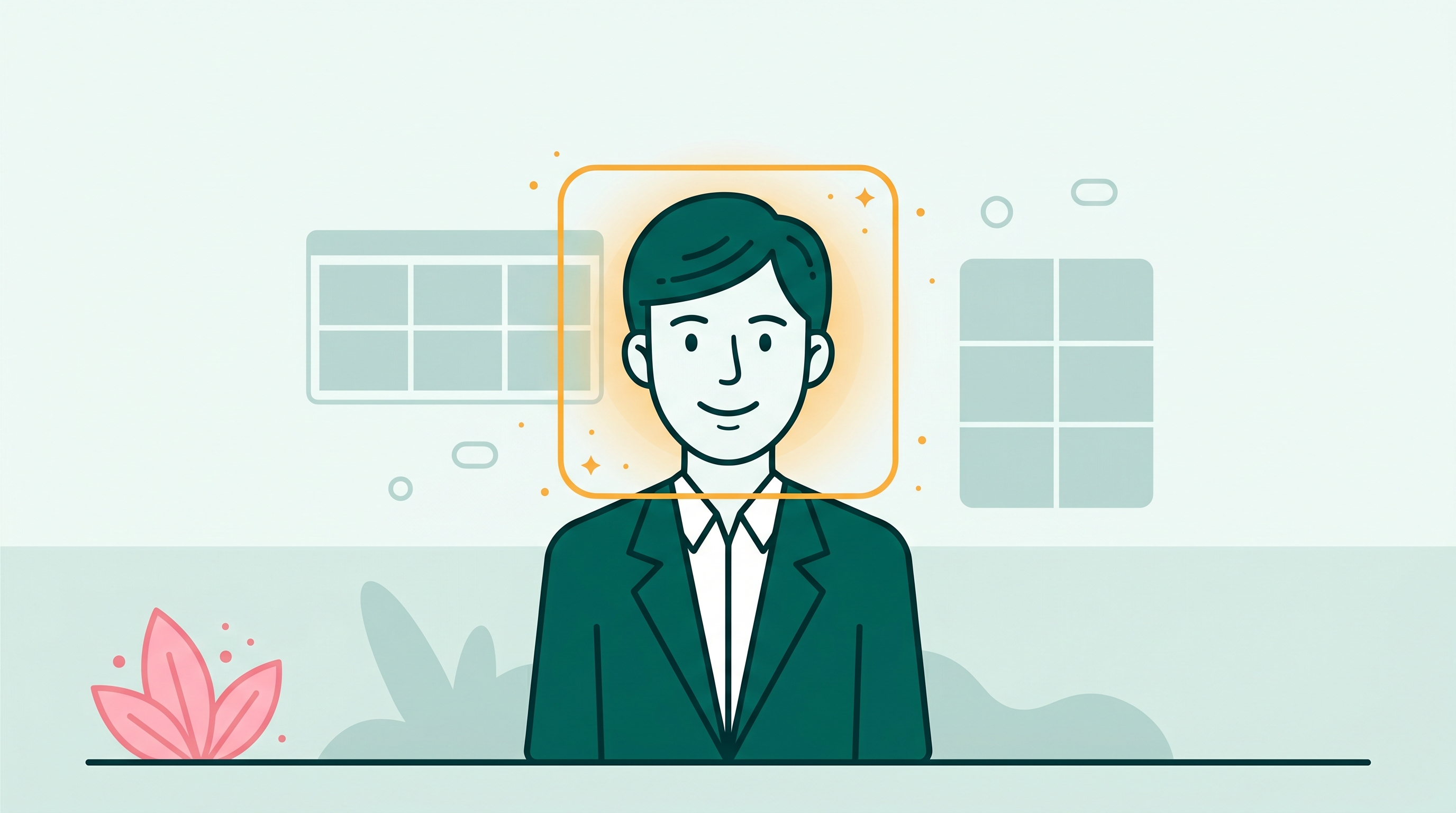 Professional headshot in business attire with an amber AI focus box around the face
