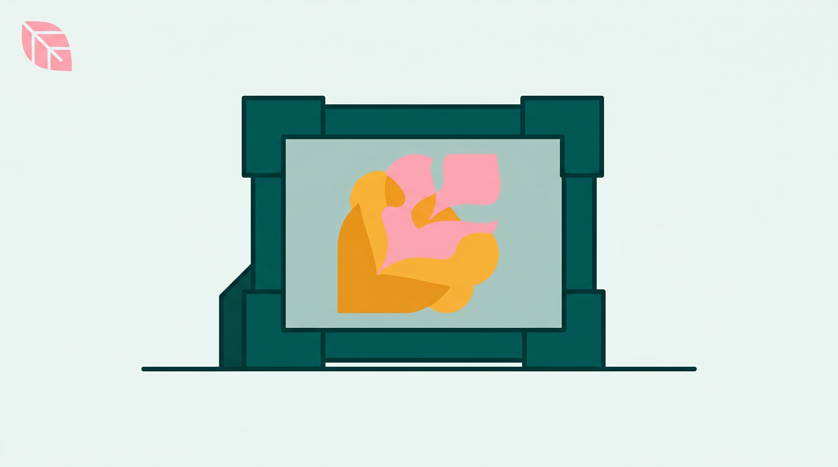 A single deep teal photo frame on a pale teal background, with one warm amber shape fading into soft pink at its center.