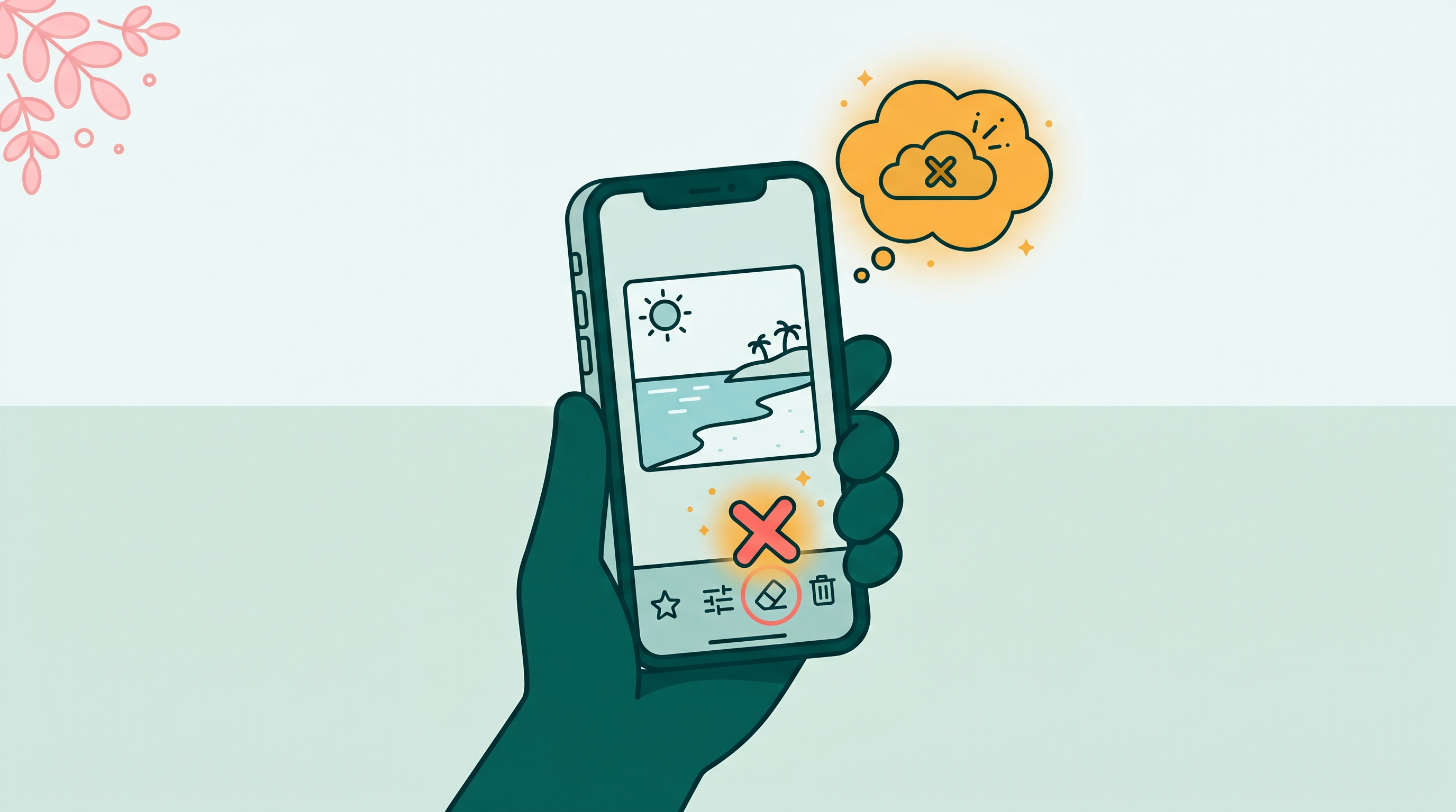 Smartphone showing Google Photos magic eraser with a red error indicator, illustrating the tool failing