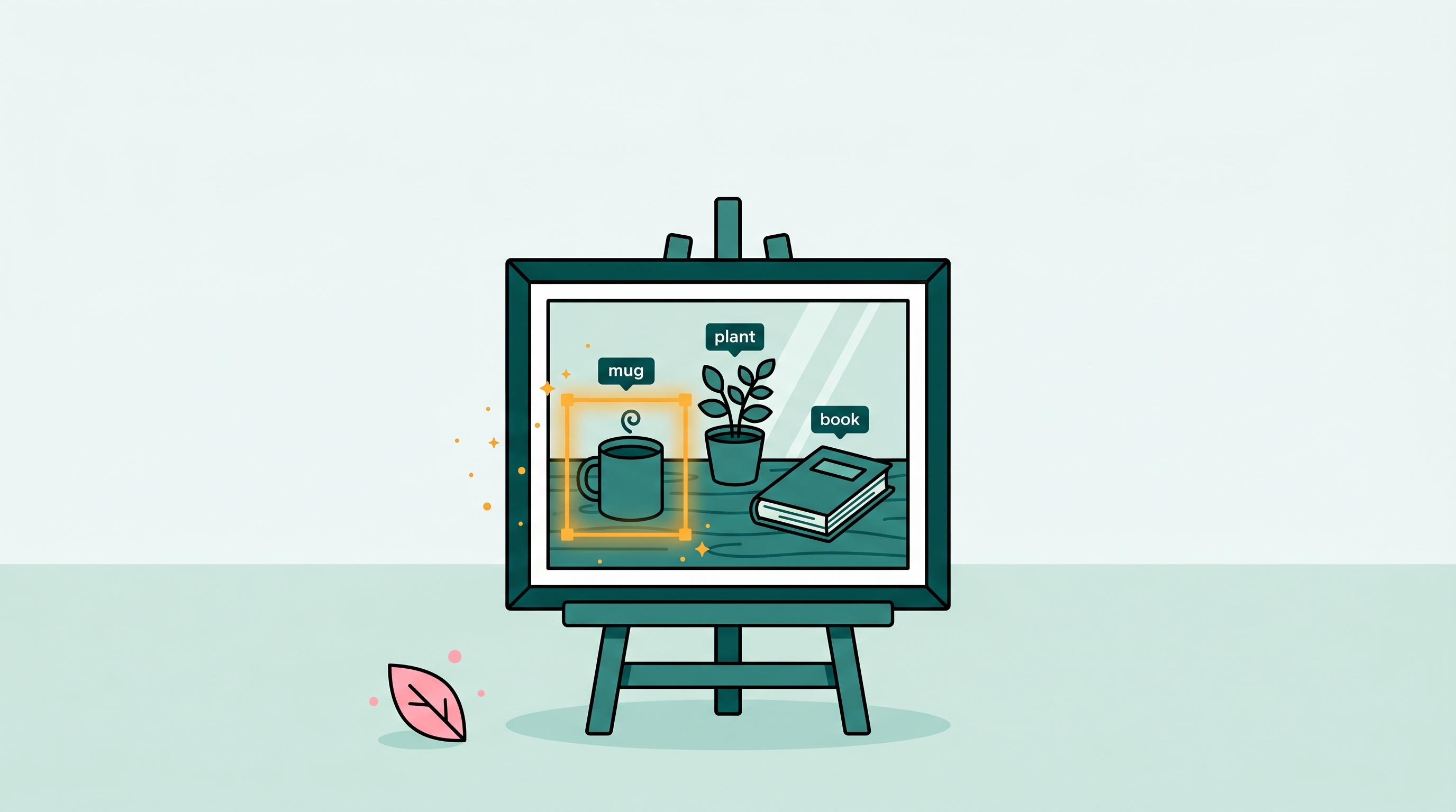 Photo on an easel showing three labelled objects — mug, plant, book — with the mug selected by an amber bounding box, illustrating object-oriented photo editing