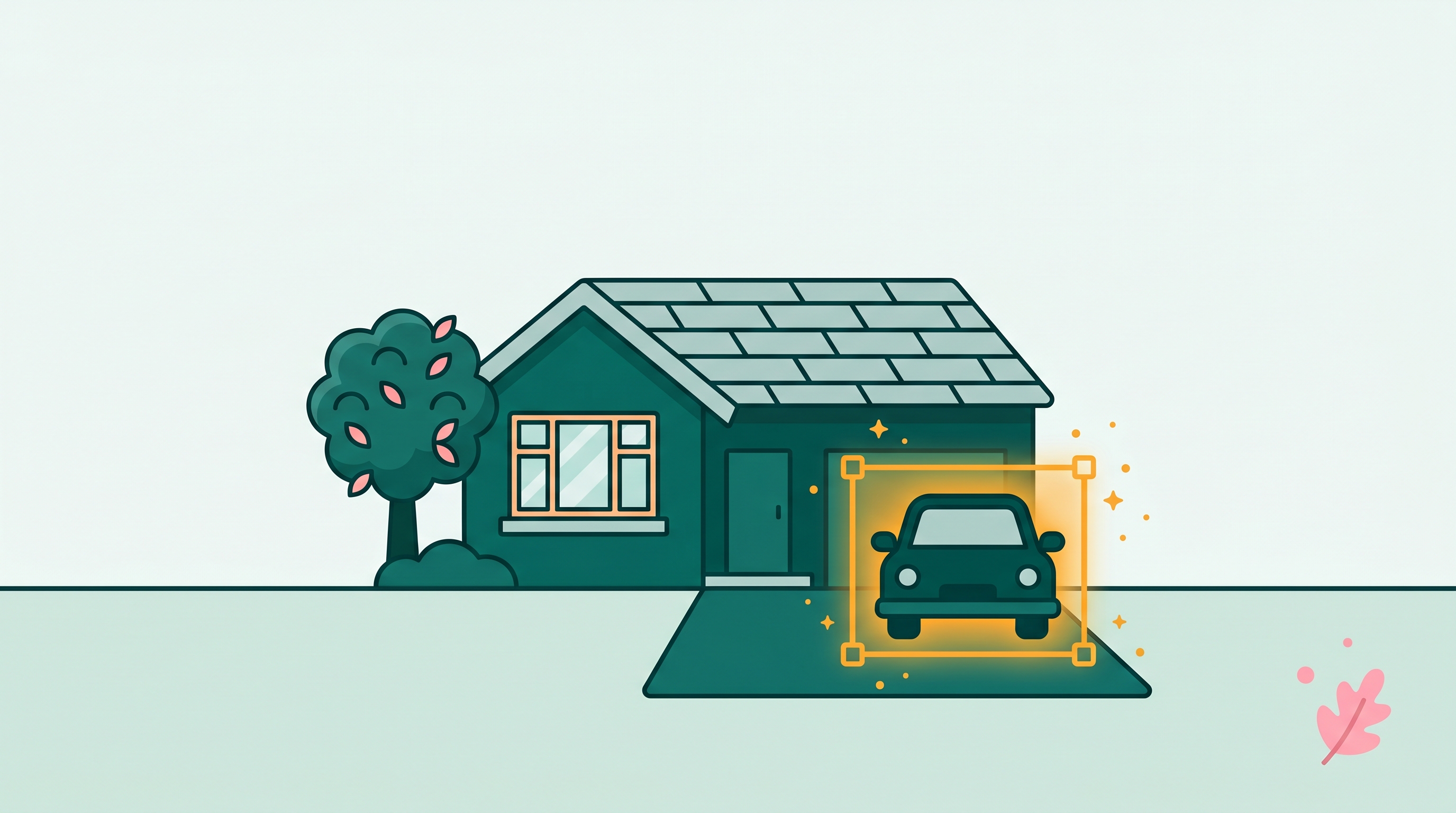 House facade with a parked car in the driveway enclosed in an amber selection box, ready for removal