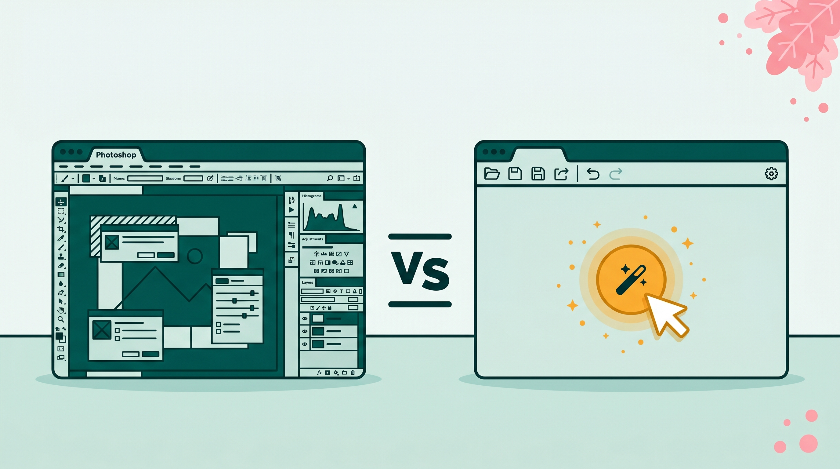 Two windows side by side: a cluttered Photoshop interface and a clean BOARD interface, illustrating a generative fill alternative