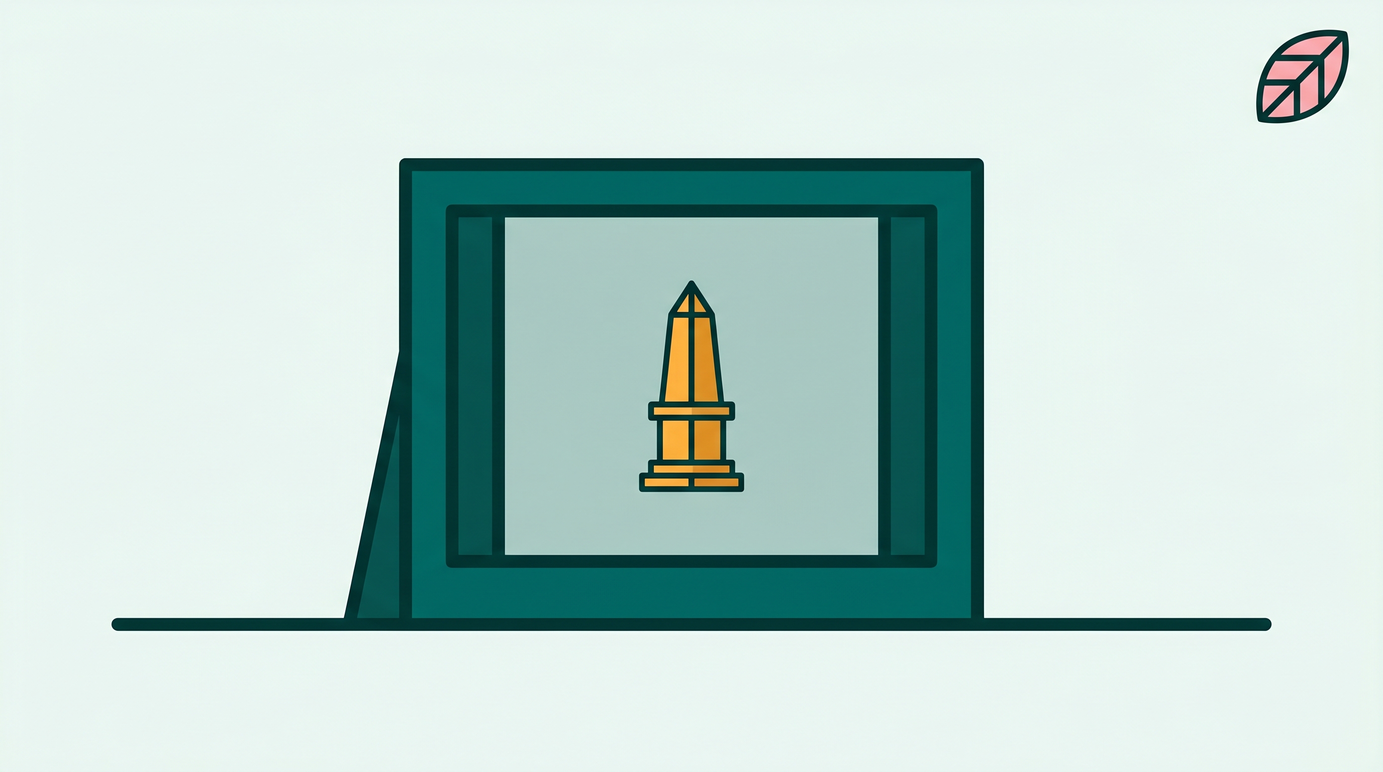 A deep teal photo frame on a pale teal background holding a single warm amber monument shape standing alone at its center.