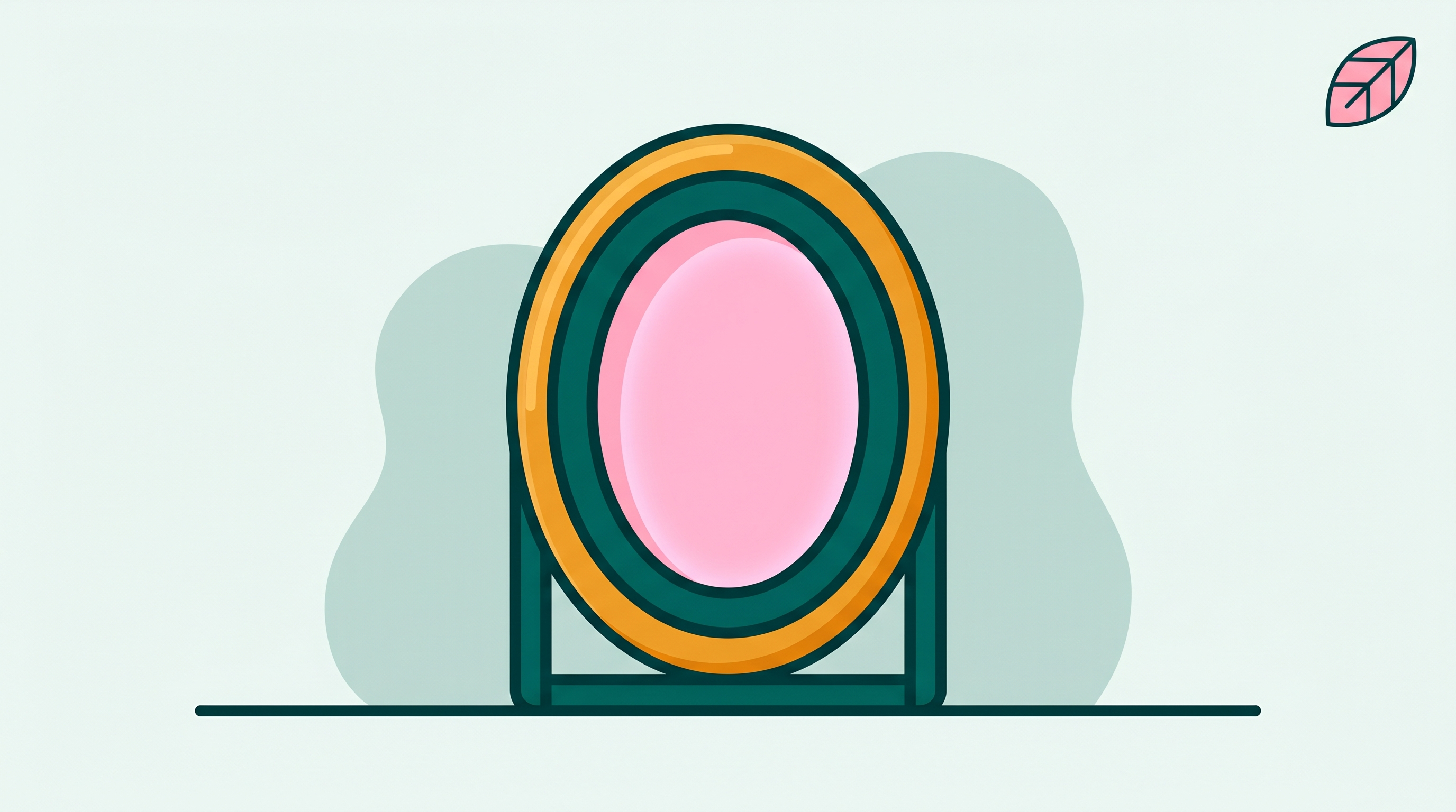 A deep teal standing mirror with a soft pink center and warm amber frame, centered on a pale teal background.