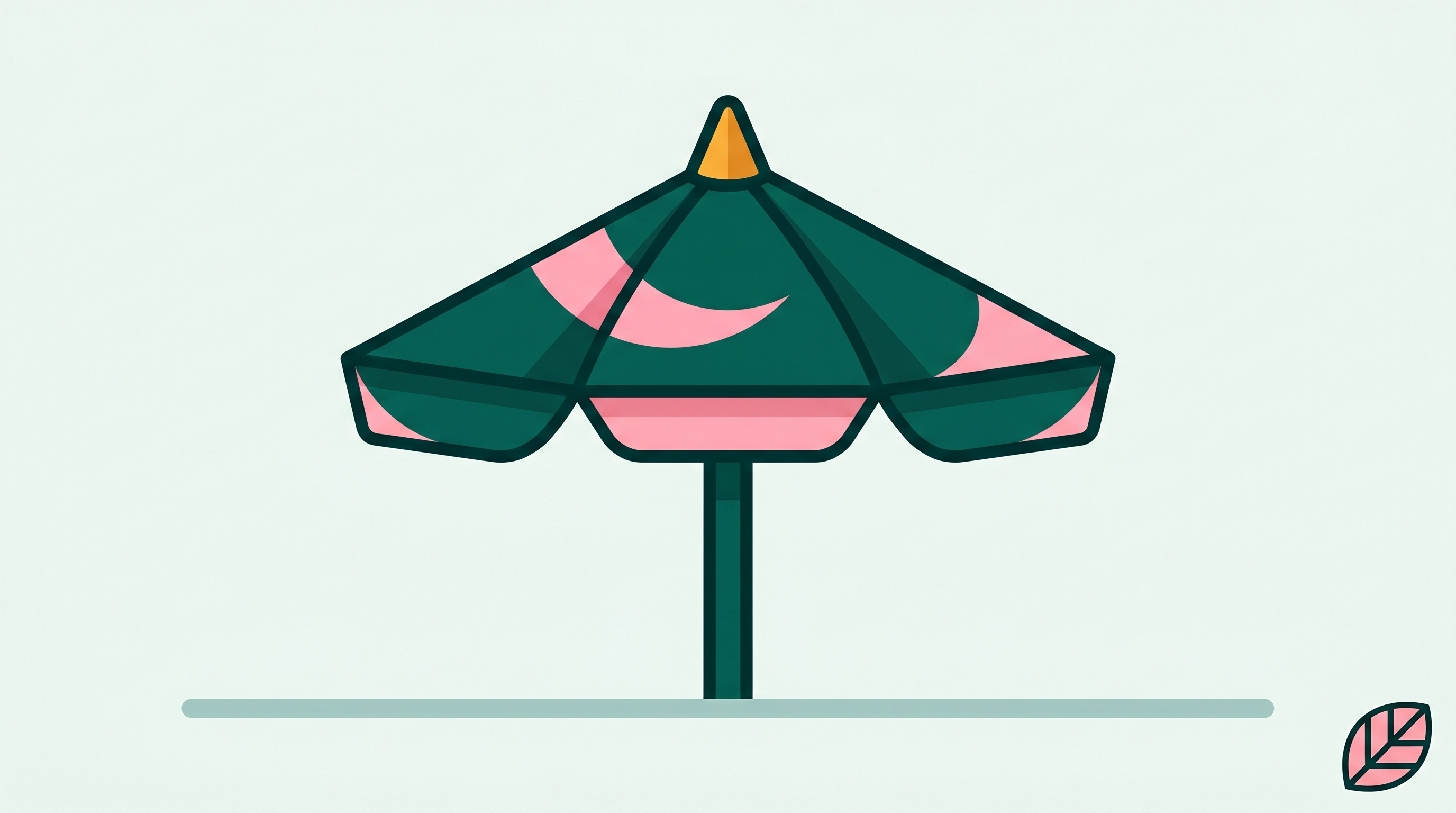 A single deep teal beach umbrella with a warm amber tip centered on a pale teal background.