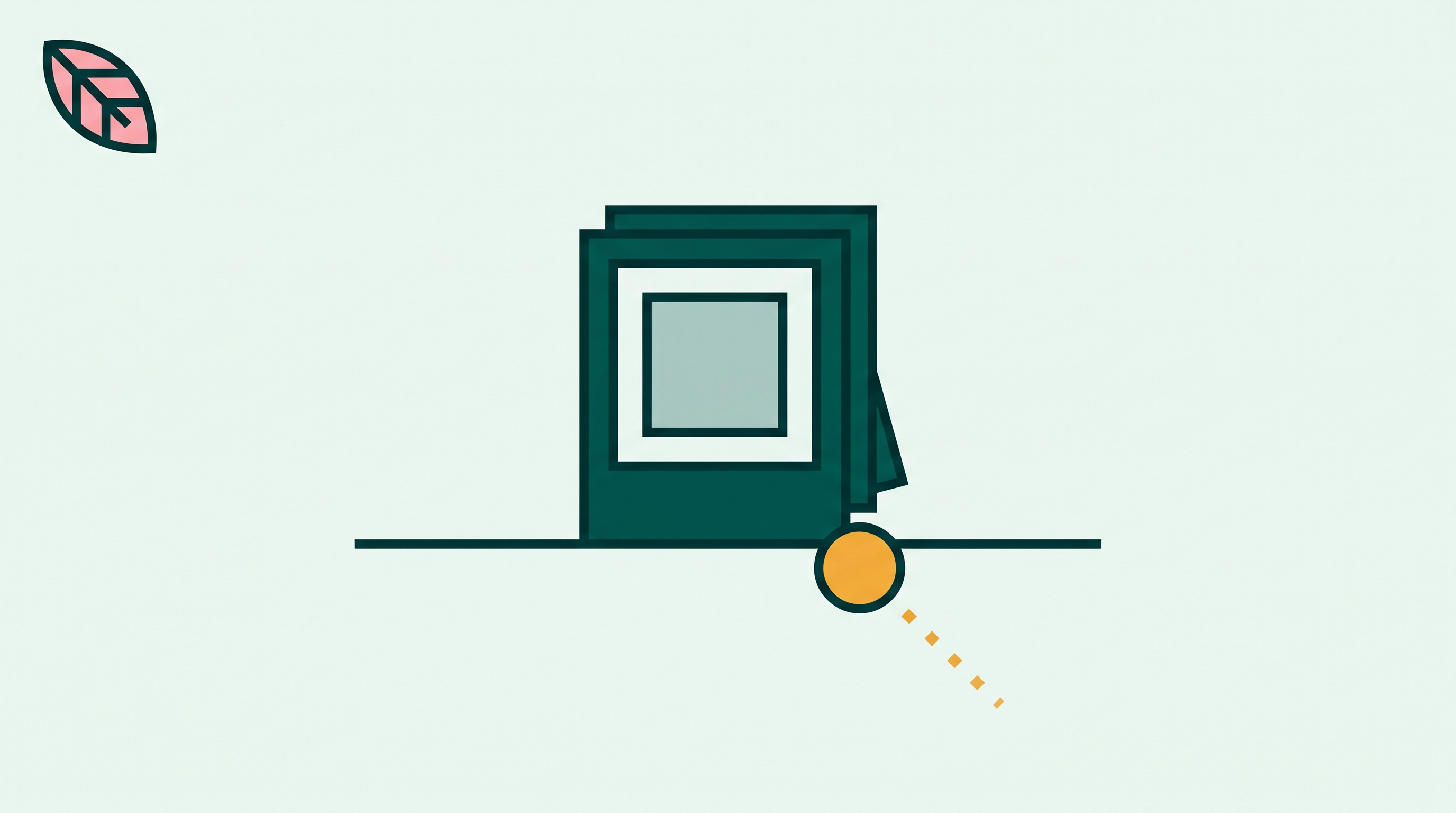 A deep teal photo frame on a pale teal background with a small warm amber shape drifting out past the lower corner.