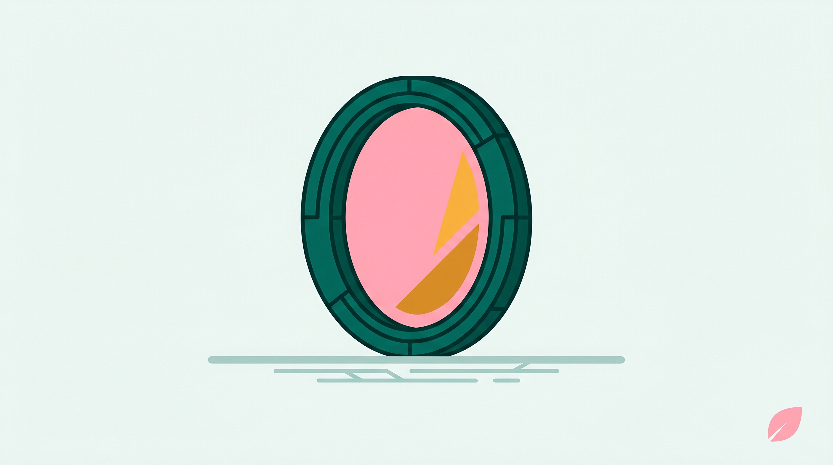 A deep teal oval mirror with a soft pink glint on clean, empty glass, centered on a pale teal background.