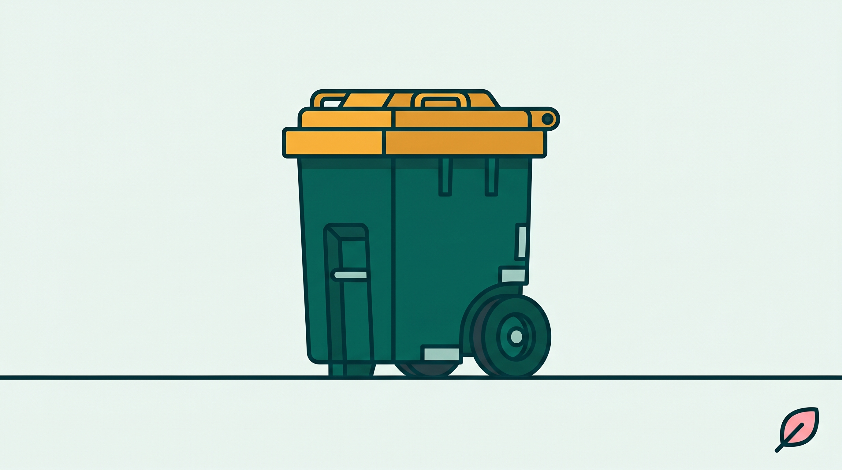 A deep teal wheelie trash bin with a warm amber lid centered on a pale teal background.