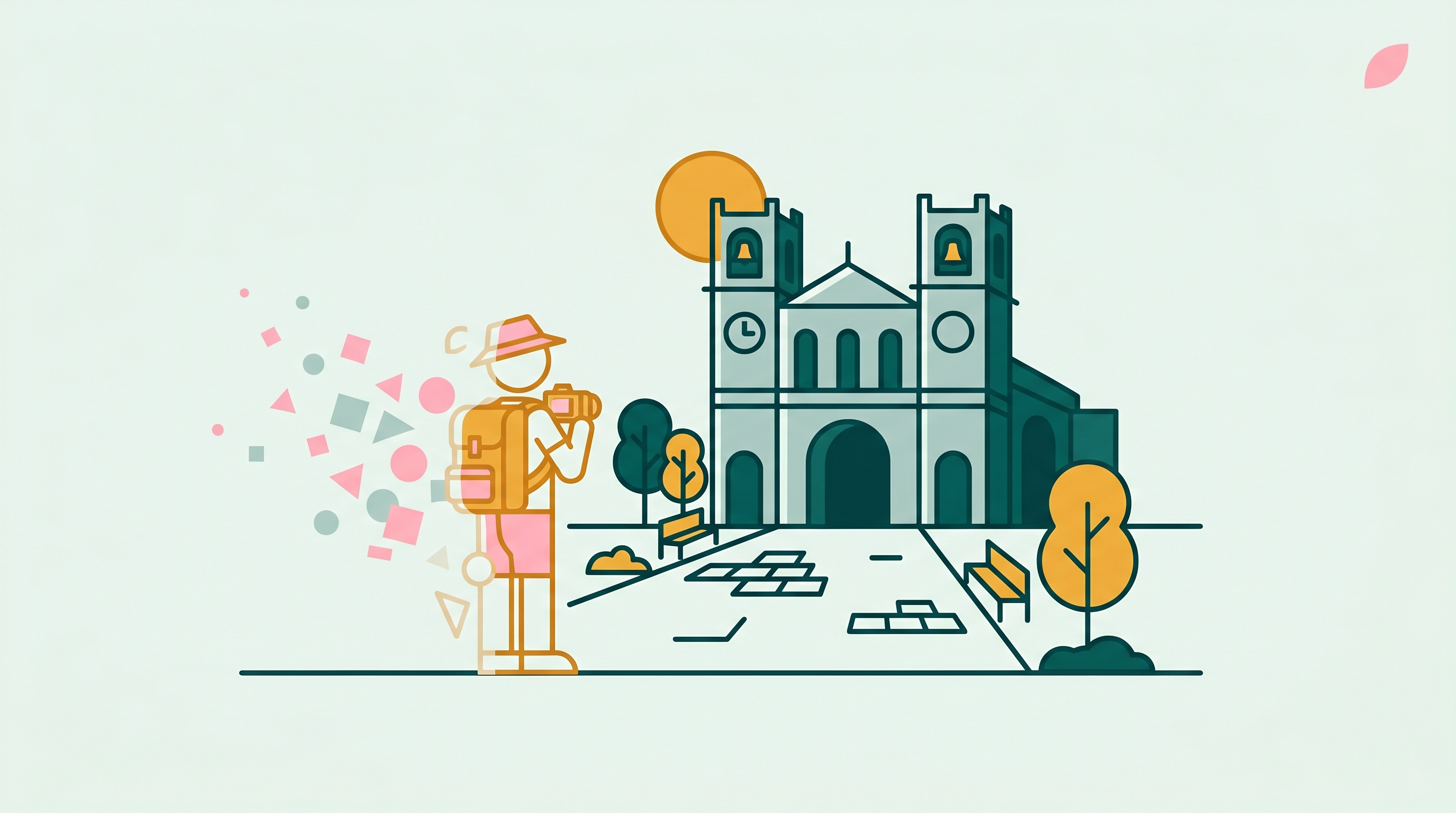 Illustration of a travel photo with a tourist being removed from the foreground while the cathedral landmark behind stays untouched.