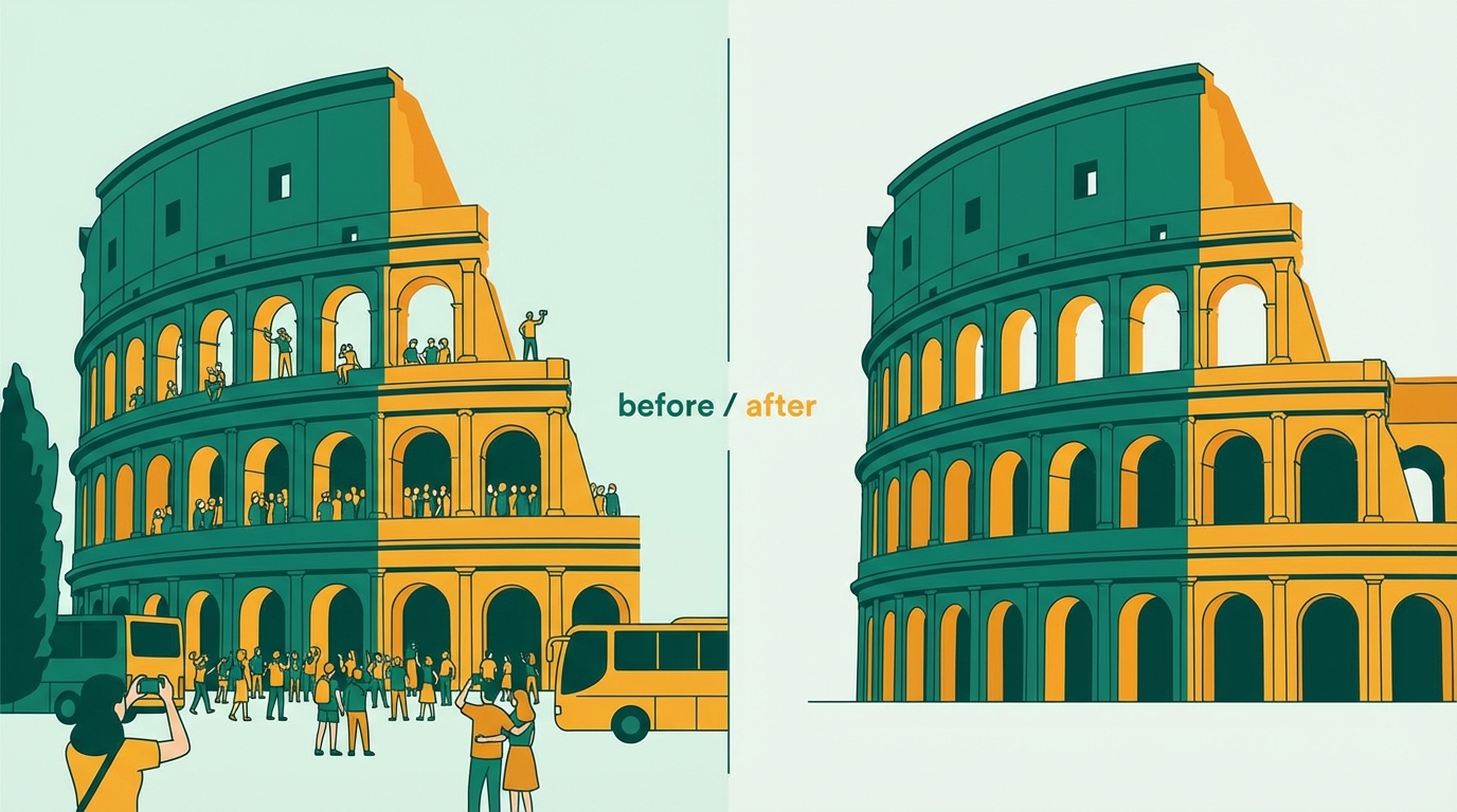 Tourists removed from a busy landmark travel photo, leaving a clean architectural scene