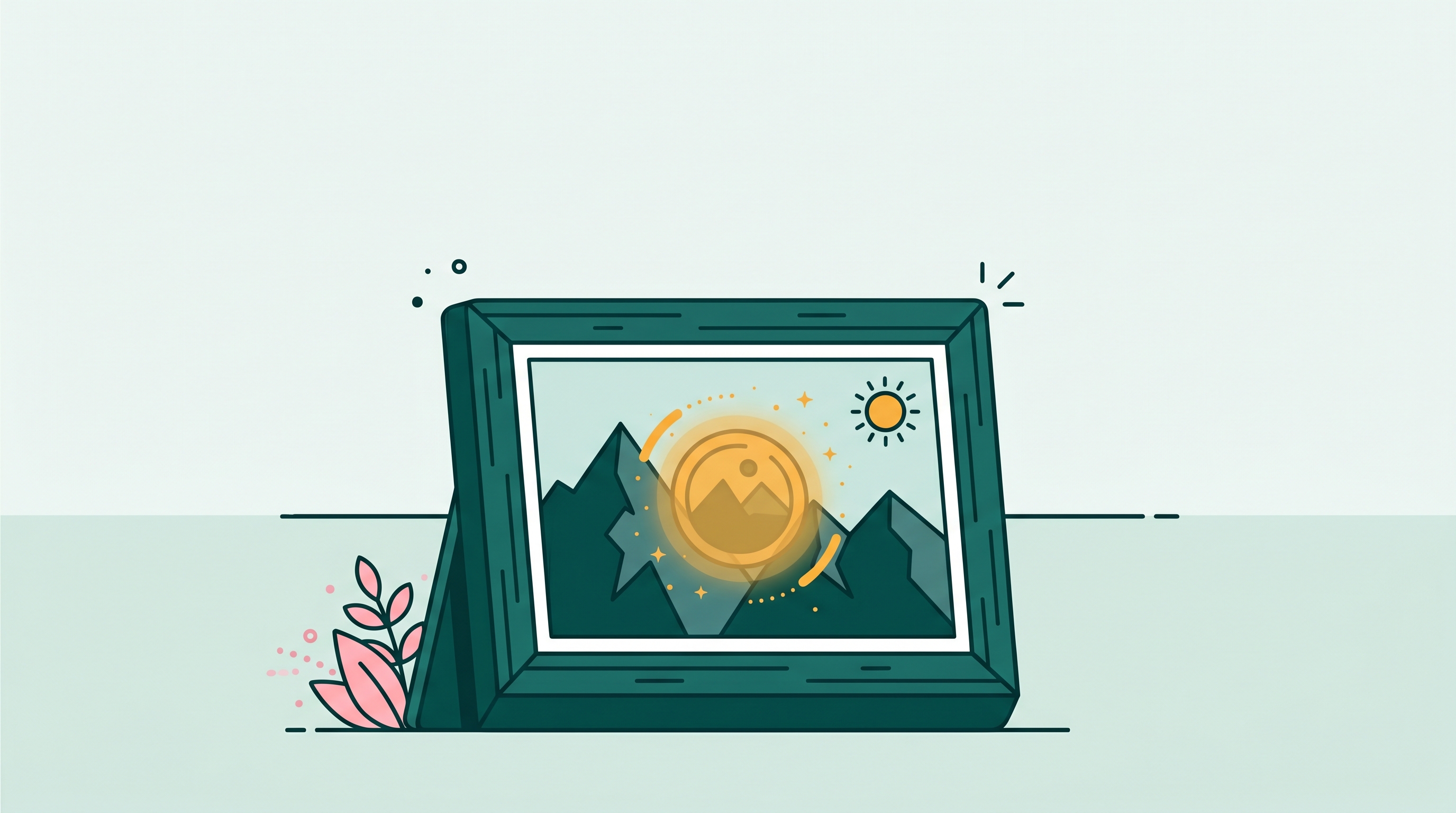 Landscape photo in a frame with a logo emblem in the center being cleaned away by AI