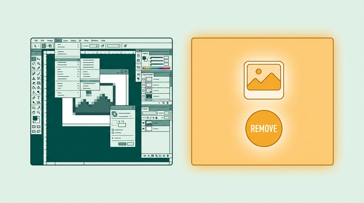 Simple one-click object removal workflow compared side by side with the complex Photoshop process